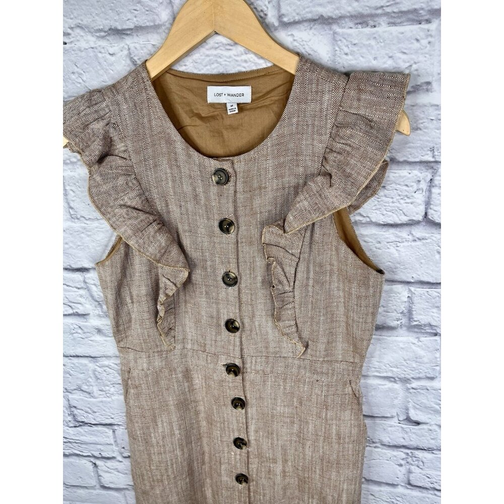 LOST & WANDER Women's Brown Herringbone Ruffle Sleeveless Button Down Dress Med - Picture 2 of 5